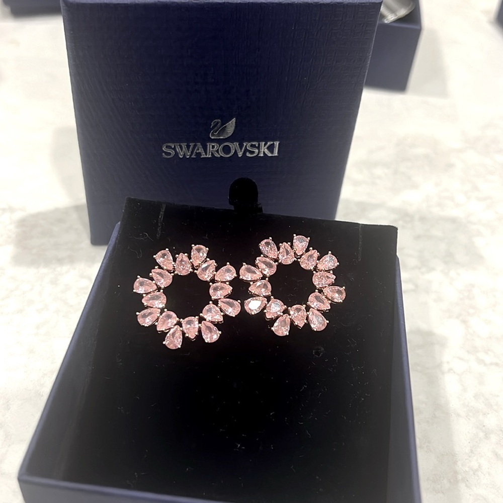 SWAR0VSKI Millenia Hoop Earrings Pear Cut Crystals, Pink, Rose-Gold Tone 5614932